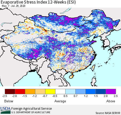 China and Taiwan Evaporative Stress Index 12-Weeks (ESI) Thematic Map For 7/27/2020 - 8/2/2020