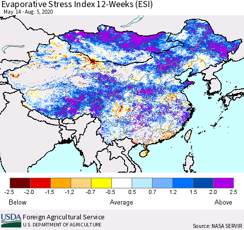 China and Taiwan Evaporative Stress Index 12-Weeks (ESI) Thematic Map For 8/3/2020 - 8/9/2020