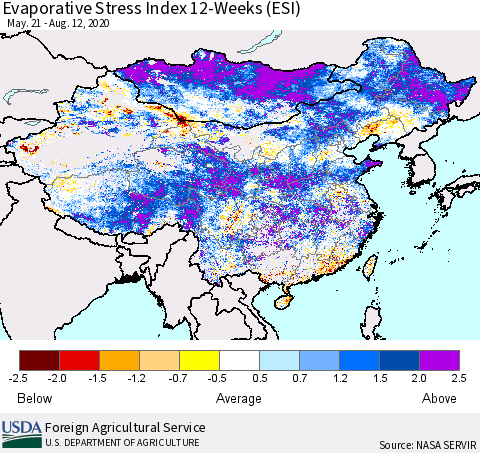 China and Taiwan Evaporative Stress Index 12-Weeks (ESI) Thematic Map For 8/10/2020 - 8/16/2020
