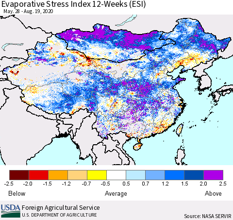 China, Mongolia and Taiwan Evaporative Stress Index (ESI), 12-Weeks Thematic Map For 8/17/2020 - 8/23/2020