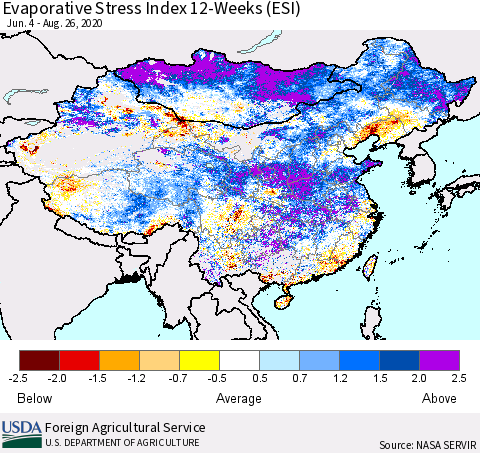 China and Taiwan Evaporative Stress Index 12-Weeks (ESI) Thematic Map For 8/24/2020 - 8/30/2020