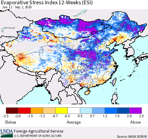 China and Taiwan Evaporative Stress Index 12-Weeks (ESI) Thematic Map For 8/31/2020 - 9/6/2020