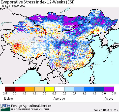 China and Taiwan Evaporative Stress Index 12-Weeks (ESI) Thematic Map For 9/7/2020 - 9/13/2020