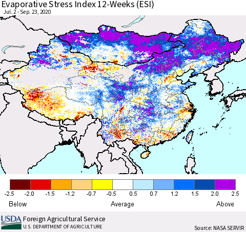 China, Mongolia and Taiwan Evaporative Stress Index (ESI), 12-Weeks Thematic Map For 9/21/2020 - 9/27/2020