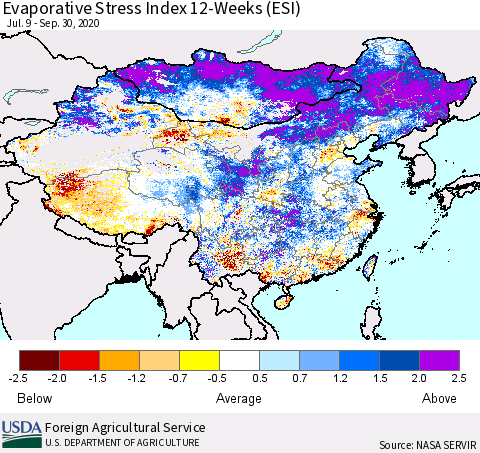 China, Mongolia and Taiwan Evaporative Stress Index (ESI), 12-Weeks Thematic Map For 9/28/2020 - 10/4/2020