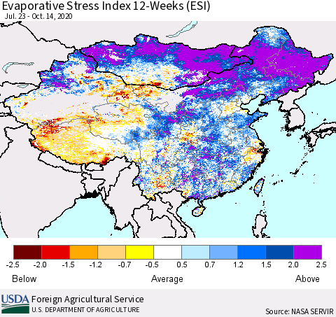 China and Taiwan Evaporative Stress Index 12-Weeks (ESI) Thematic Map For 10/12/2020 - 10/18/2020