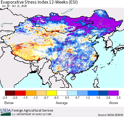 China and Taiwan Evaporative Stress Index 12-Weeks (ESI) Thematic Map For 10/19/2020 - 10/25/2020