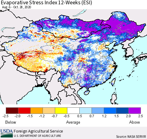 China and Taiwan Evaporative Stress Index 12-Weeks (ESI) Thematic Map For 10/26/2020 - 11/1/2020