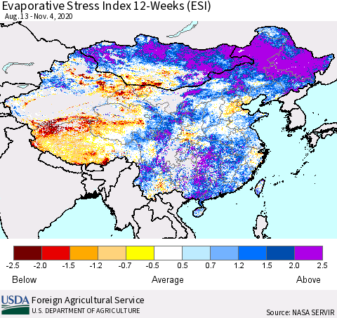 China, Mongolia and Taiwan Evaporative Stress Index (ESI), 12-Weeks Thematic Map For 11/2/2020 - 11/8/2020