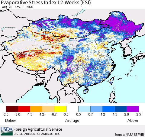 China, Mongolia and Taiwan Evaporative Stress Index (ESI), 12-Weeks Thematic Map For 11/9/2020 - 11/15/2020