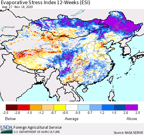 China, Mongolia and Taiwan Evaporative Stress Index (ESI), 12-Weeks Thematic Map For 11/16/2020 - 11/22/2020