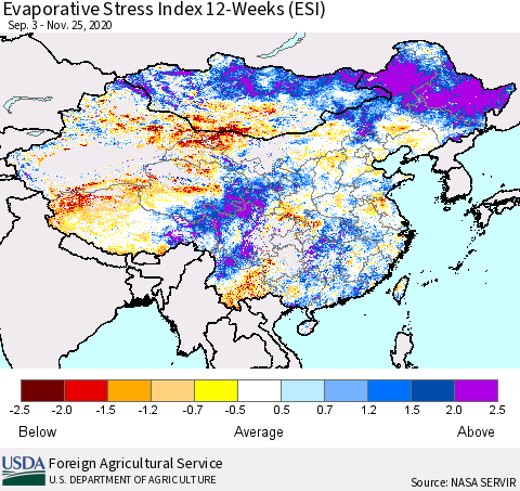 China, Mongolia and Taiwan Evaporative Stress Index (ESI), 12-Weeks Thematic Map For 11/23/2020 - 11/29/2020