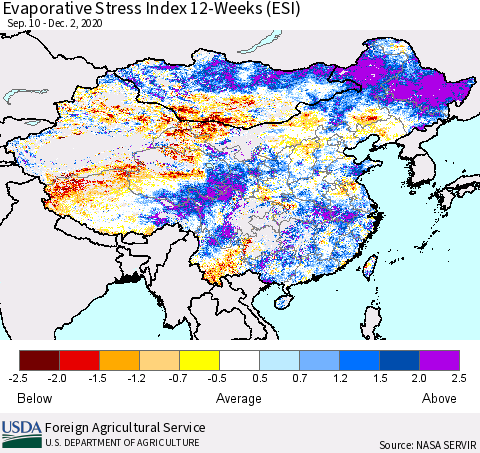 China, Mongolia and Taiwan Evaporative Stress Index (ESI), 12-Weeks Thematic Map For 11/30/2020 - 12/6/2020