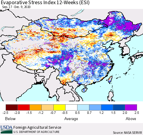China, Mongolia and Taiwan Evaporative Stress Index (ESI), 12-Weeks Thematic Map For 12/7/2020 - 12/13/2020