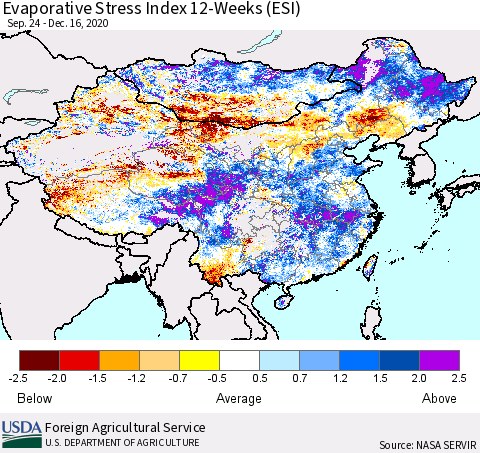 China, Mongolia and Taiwan Evaporative Stress Index (ESI), 12-Weeks Thematic Map For 12/14/2020 - 12/20/2020