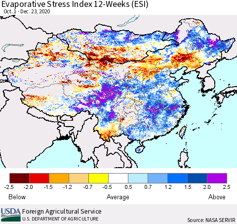 China, Mongolia and Taiwan Evaporative Stress Index (ESI), 12-Weeks Thematic Map For 12/21/2020 - 12/27/2020