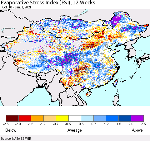 China, Mongolia and Taiwan Evaporative Stress Index (ESI), 12-Weeks Thematic Map For 12/28/2020 - 1/3/2021