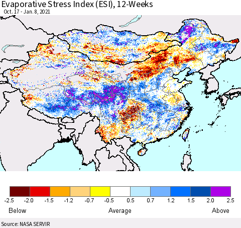 China, Mongolia and Taiwan Evaporative Stress Index (ESI), 12-Weeks Thematic Map For 1/4/2021 - 1/10/2021
