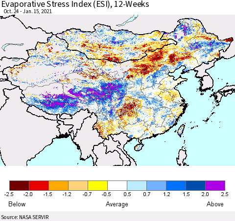 China, Mongolia and Taiwan Evaporative Stress Index (ESI), 12-Weeks Thematic Map For 1/11/2021 - 1/17/2021