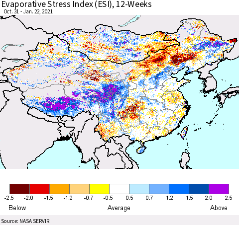 China, Mongolia and Taiwan Evaporative Stress Index (ESI), 12-Weeks Thematic Map For 1/18/2021 - 1/24/2021