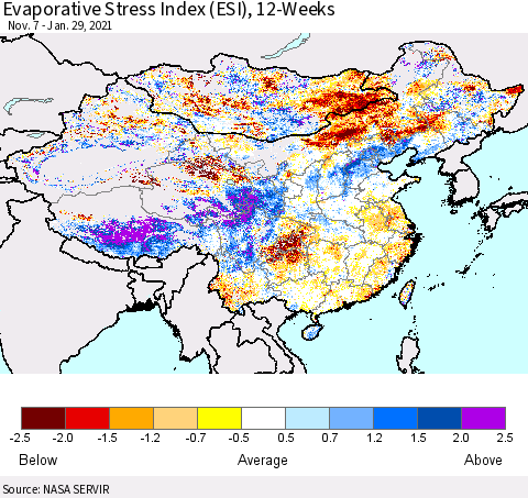 China, Mongolia and Taiwan Evaporative Stress Index (ESI), 12-Weeks Thematic Map For 1/25/2021 - 1/31/2021