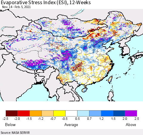 China, Mongolia and Taiwan Evaporative Stress Index (ESI), 12-Weeks Thematic Map For 2/1/2021 - 2/7/2021