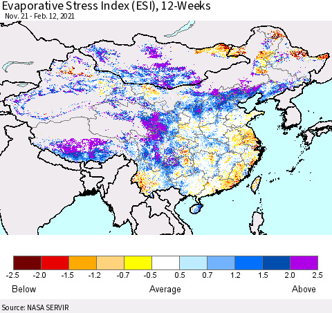 China, Mongolia and Taiwan Evaporative Stress Index (ESI), 12-Weeks Thematic Map For 2/8/2021 - 2/14/2021