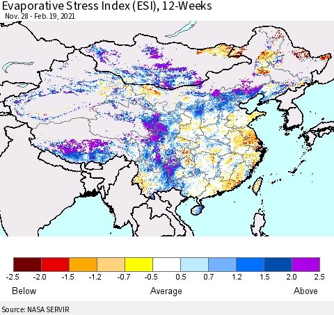 China, Mongolia and Taiwan Evaporative Stress Index (ESI), 12-Weeks Thematic Map For 2/15/2021 - 2/21/2021