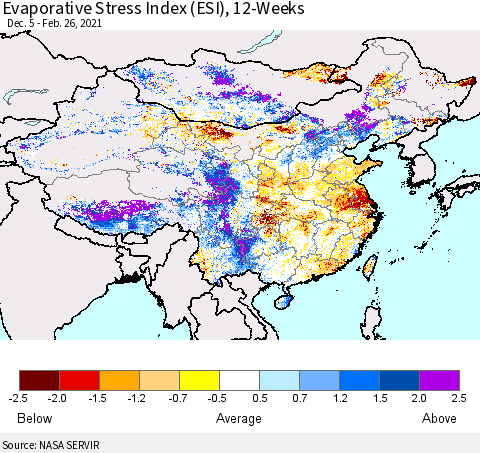 China, Mongolia and Taiwan Evaporative Stress Index (ESI), 12-Weeks Thematic Map For 2/22/2021 - 2/28/2021