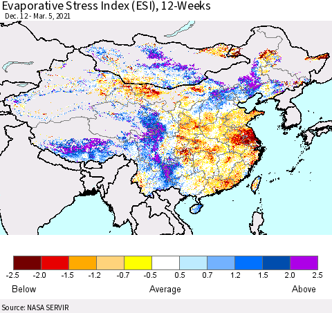 China and Taiwan Evaporative Stress Index 12-Weeks (ESI) Thematic Map For 3/1/2021 - 3/7/2021