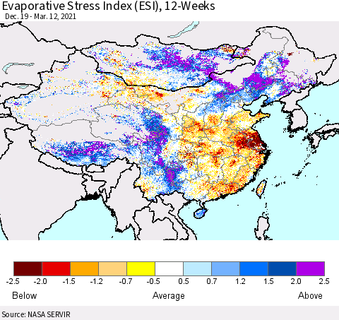 China and Taiwan Evaporative Stress Index 12-Weeks (ESI) Thematic Map For 3/8/2021 - 3/14/2021