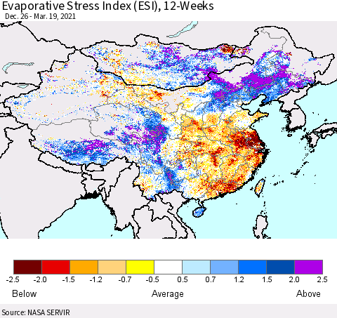 China, Mongolia and Taiwan Evaporative Stress Index (ESI), 12-Weeks Thematic Map For 3/15/2021 - 3/21/2021