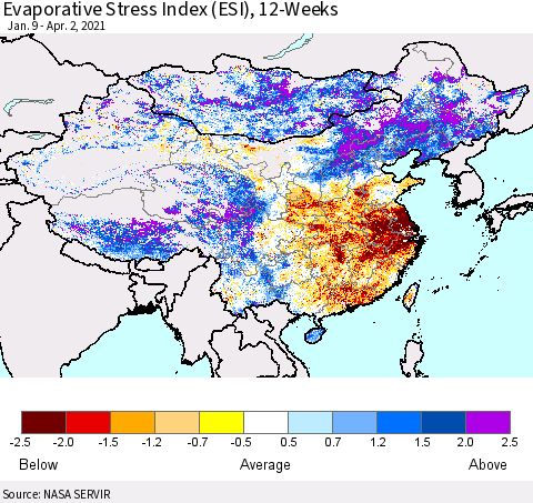 China, Mongolia and Taiwan Evaporative Stress Index (ESI), 12-Weeks Thematic Map For 3/29/2021 - 4/4/2021