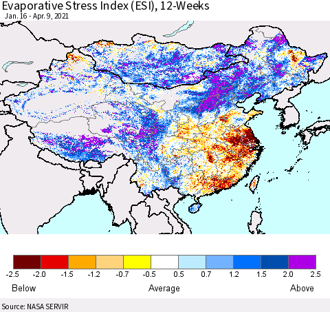 China and Taiwan Evaporative Stress Index 12-Weeks (ESI) Thematic Map For 4/5/2021 - 4/11/2021