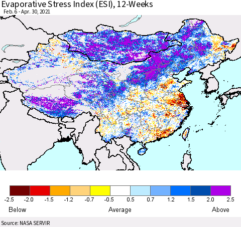 China, Mongolia and Taiwan Evaporative Stress Index (ESI), 12-Weeks Thematic Map For 4/26/2021 - 5/2/2021