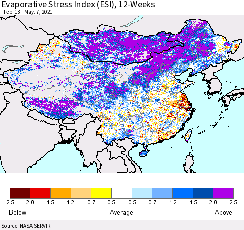China and Taiwan Evaporative Stress Index 12-Weeks (ESI) Thematic Map For 5/3/2021 - 5/9/2021
