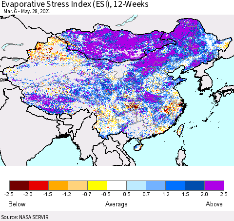 China and Taiwan Evaporative Stress Index 12-Weeks (ESI) Thematic Map For 5/24/2021 - 5/30/2021