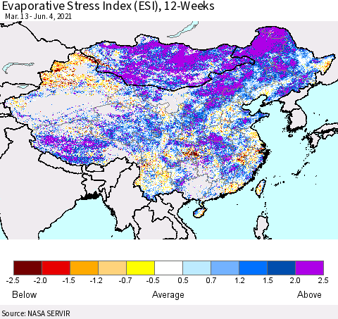 China and Taiwan Evaporative Stress Index 12-Weeks (ESI) Thematic Map For 5/31/2021 - 6/6/2021