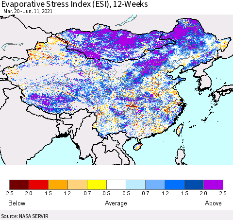 China, Mongolia and Taiwan Evaporative Stress Index (ESI), 12-Weeks Thematic Map For 6/7/2021 - 6/13/2021