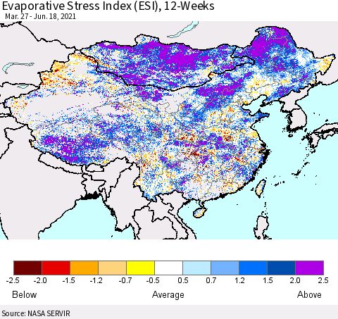 China and Taiwan Evaporative Stress Index 12-Weeks (ESI) Thematic Map For 6/14/2021 - 6/20/2021