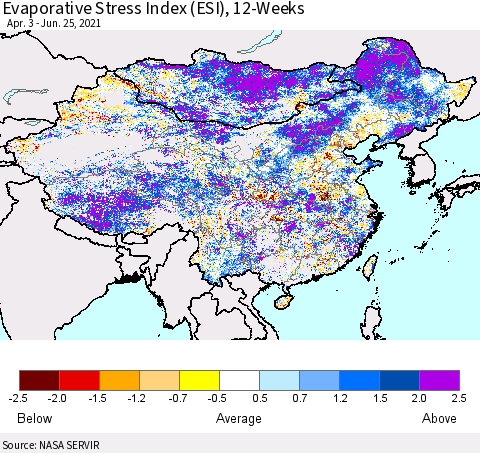 China and Taiwan Evaporative Stress Index 12-Weeks (ESI) Thematic Map For 6/21/2021 - 6/27/2021