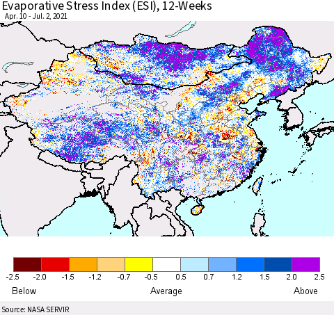 China, Mongolia and Taiwan Evaporative Stress Index (ESI), 12-Weeks Thematic Map For 6/28/2021 - 7/4/2021