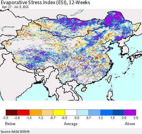 China, Mongolia and Taiwan Evaporative Stress Index (ESI), 12-Weeks Thematic Map For 7/5/2021 - 7/11/2021