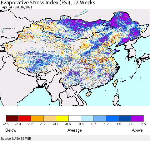 China and Taiwan Evaporative Stress Index 12-Weeks (ESI) Thematic Map For 7/12/2021 - 7/18/2021