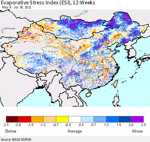 China and Taiwan Evaporative Stress Index 12-Weeks (ESI) Thematic Map For 7/26/2021 - 8/1/2021