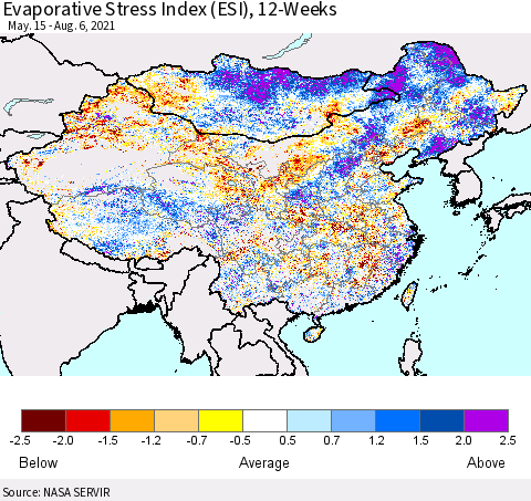 China and Taiwan Evaporative Stress Index 12-Weeks (ESI) Thematic Map For 8/2/2021 - 8/8/2021