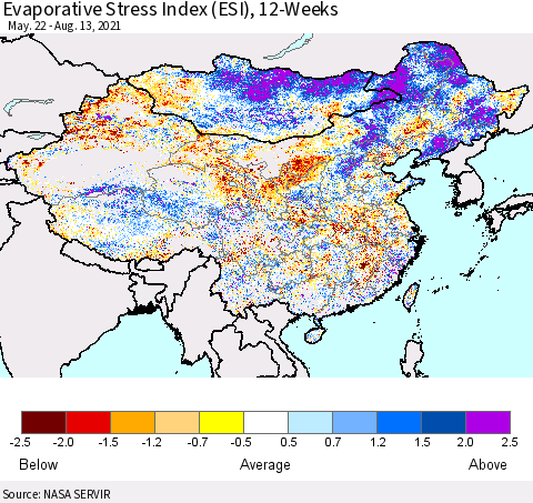 China, Mongolia and Taiwan Evaporative Stress Index (ESI), 12-Weeks Thematic Map For 8/9/2021 - 8/15/2021