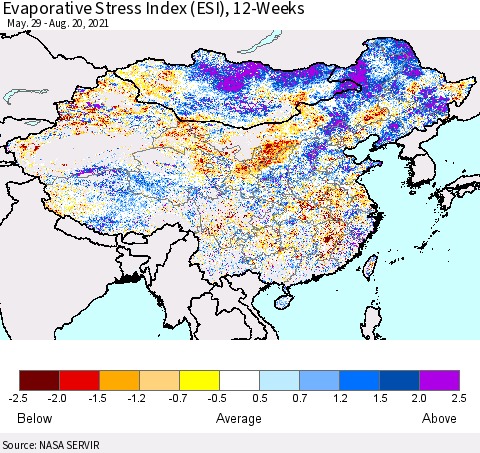China, Mongolia and Taiwan Evaporative Stress Index (ESI), 12-Weeks Thematic Map For 8/16/2021 - 8/22/2021