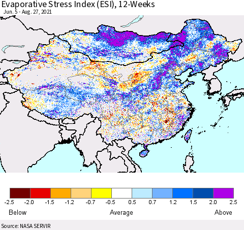China and Taiwan Evaporative Stress Index 12-Weeks (ESI) Thematic Map For 8/23/2021 - 8/29/2021