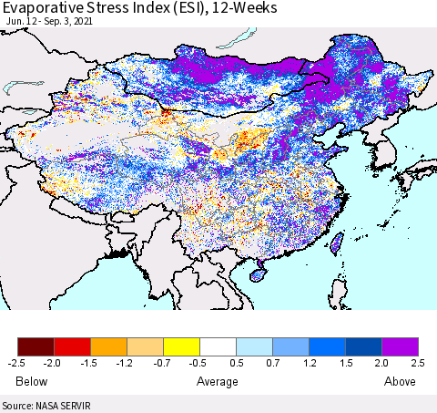 China, Mongolia and Taiwan Evaporative Stress Index (ESI), 12-Weeks Thematic Map For 8/30/2021 - 9/5/2021